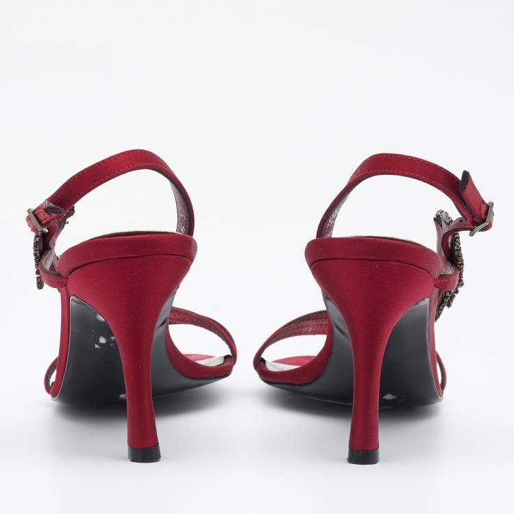 Pre Owned Stuart Weitzman Burgundy Satin Crystal Embellished Slingback Sandals Size 37