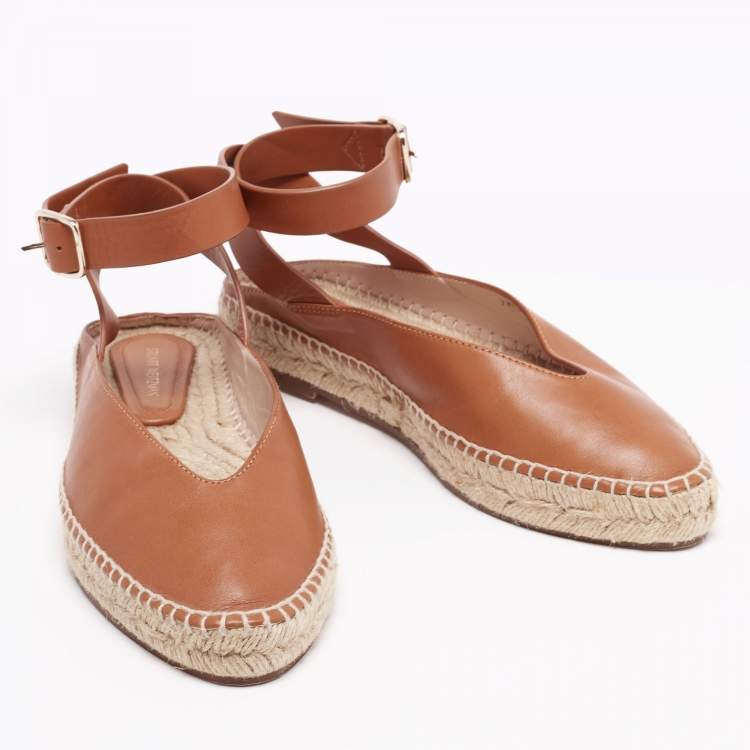 Pre Owned Stuart Weitzman Brown Leather Toga Ankle-Wrap Flat Espadrilles Size 37.5