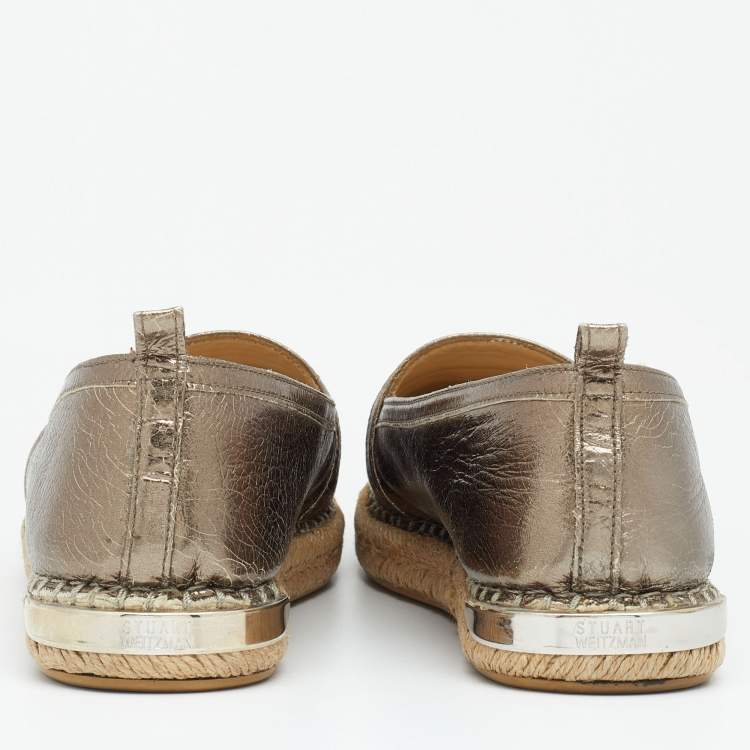 Pre Owned Stuart Weitzman Metallic Gunmetal Grey Leather Espadrille Flats Size 37
