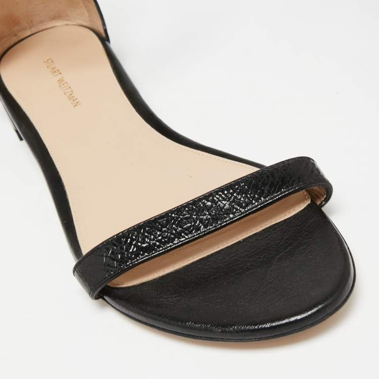 Pre Owned Stuart Weitzman Black Leather NudistJune Ankle Strap Sandals Size 39.5