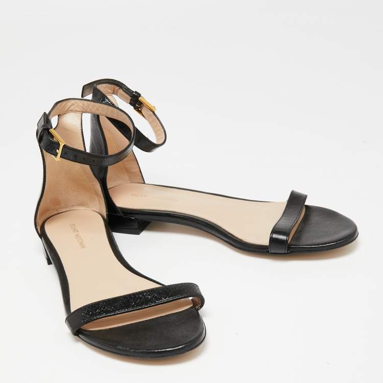 Pre Owned Stuart Weitzman Black Leather NudistJune Ankle Strap Sandals Size 39.5