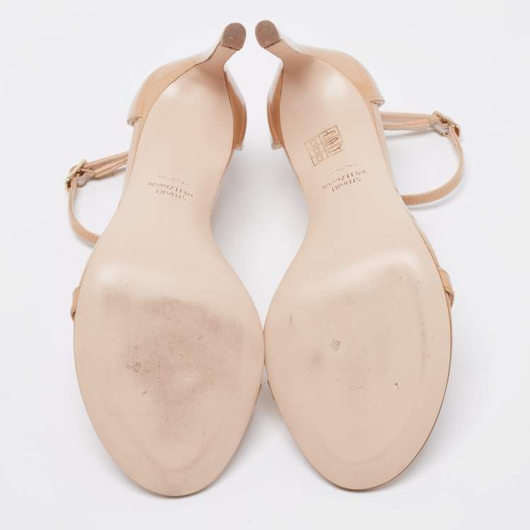 Pre Owned Stuart Weitzman Beige Patent Leather Nudistsong Ankle Strap Sandals Size 35.5