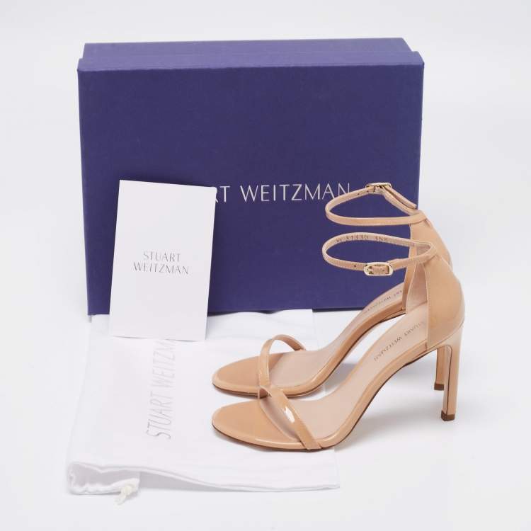 Pre Owned Stuart Weitzman Beige Patent Leather Nudistsong Ankle Strap Sandals Size 35.5