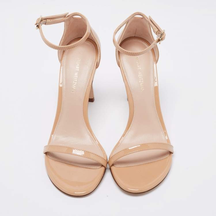 Pre Owned Stuart Weitzman Beige Patent Leather Nudistsong Ankle Strap Sandals Size 35.5