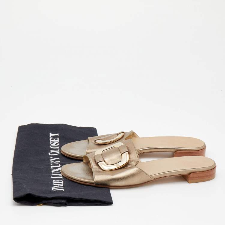 Pre Owned Stuart Weitzman Metallic Gold Leather Slide Sandals Size 39