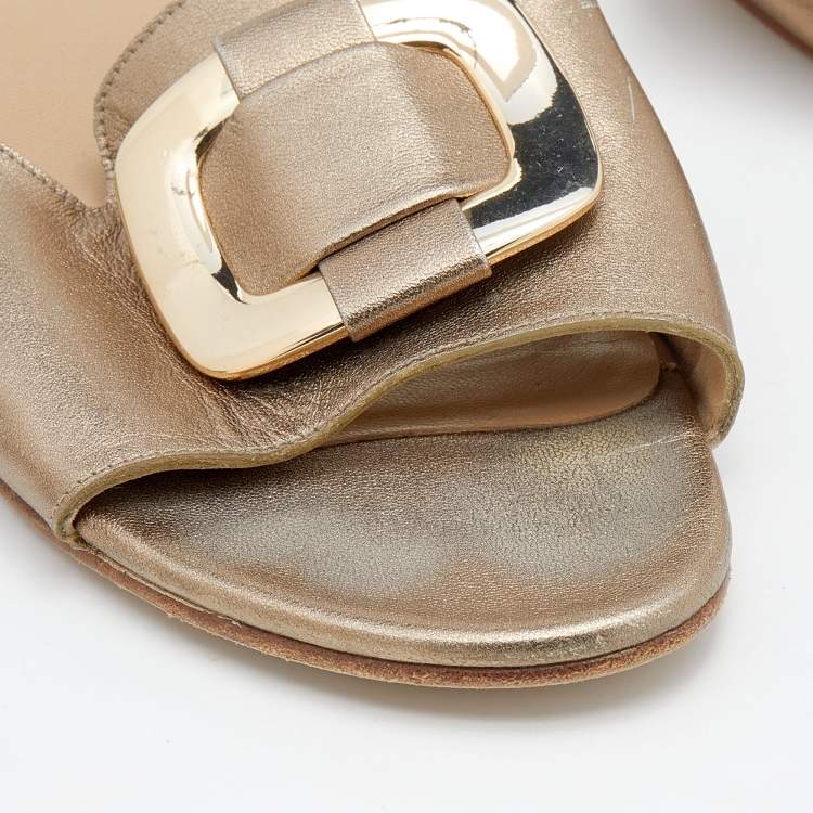 Pre Owned Stuart Weitzman Metallic Gold Leather Slide Sandals Size 39