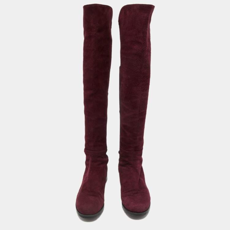 Pre Owned Stuart Weitzman Burgundy Suede Knee Length Boots Size 34.5