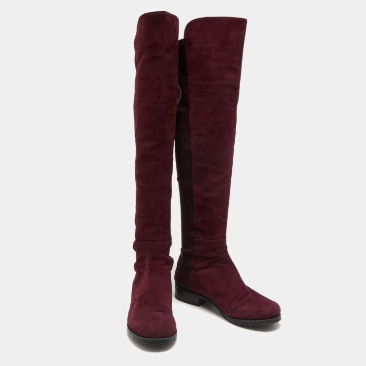 Pre Owned Stuart Weitzman Burgundy Suede Knee Length Boots Size 34.5