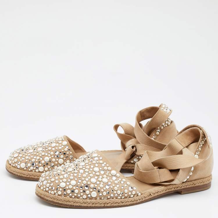 Pre Owned Stuart Weitzman Beige Suede Embellished Ankle Wrap Flat Espadrilles Size 41