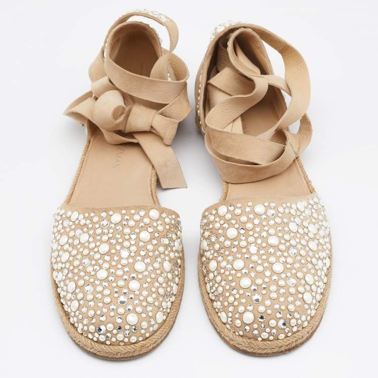 Pre Owned Stuart Weitzman Beige Suede Embellished Ankle Wrap Flat Espadrilles Size 41
