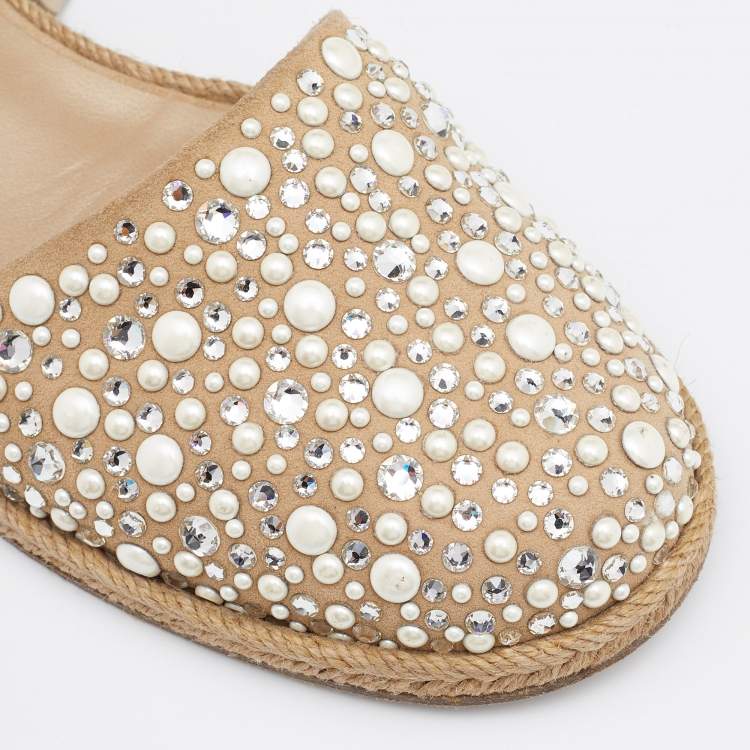Pre Owned Stuart Weitzman Beige Suede Embellished Ankle Wrap Flat Espadrilles Size 41