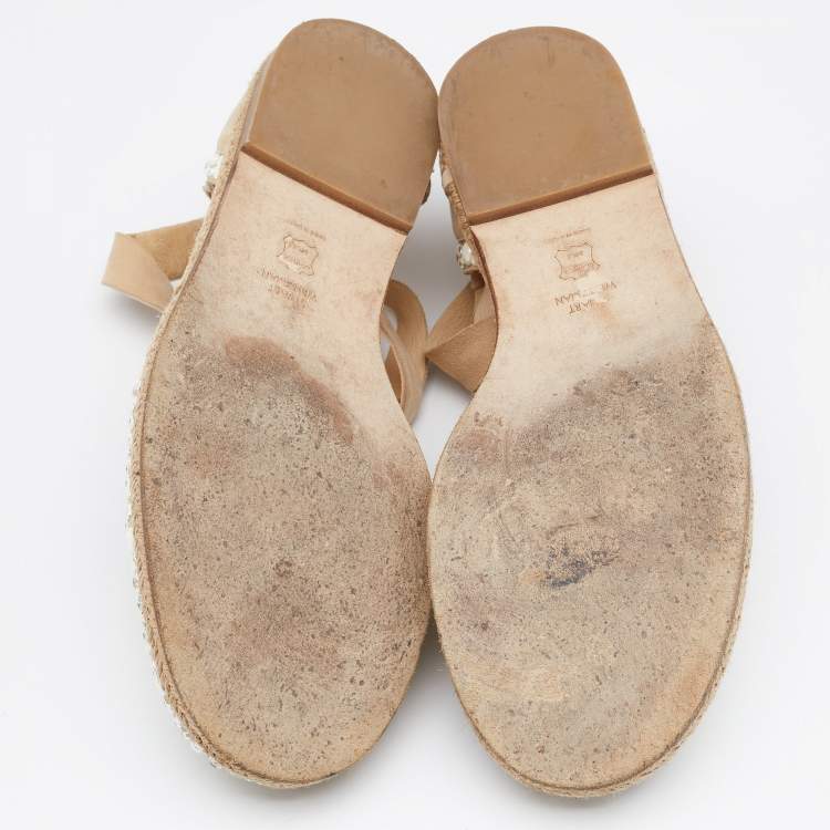 Pre Owned Stuart Weitzman Beige Suede Embellished Ankle Wrap Flat Espadrilles Size 41