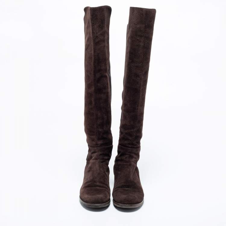Pre Owned Stuart Weitzman Brown Suede Knee Length Boots Size 34.5