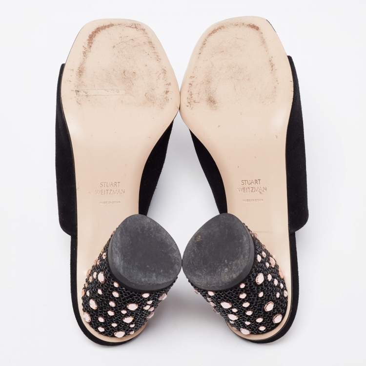 مملوكة مسبقًا Stuart Weitzman Black Suede Crystal Embellished Block Heel Mule Sandals Size 36