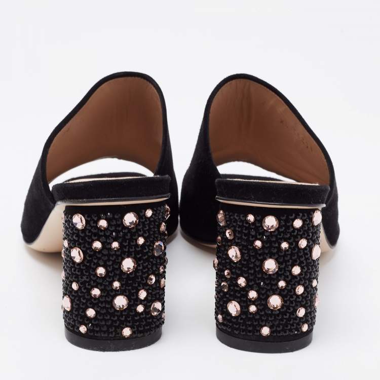 مملوكة مسبقًا Stuart Weitzman Black Suede Crystal Embellished Block Heel Mule Sandals Size 36