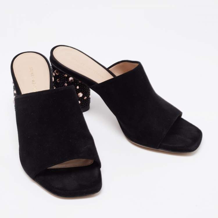مملوكة مسبقًا Stuart Weitzman Black Suede Crystal Embellished Block Heel Mule Sandals Size 36