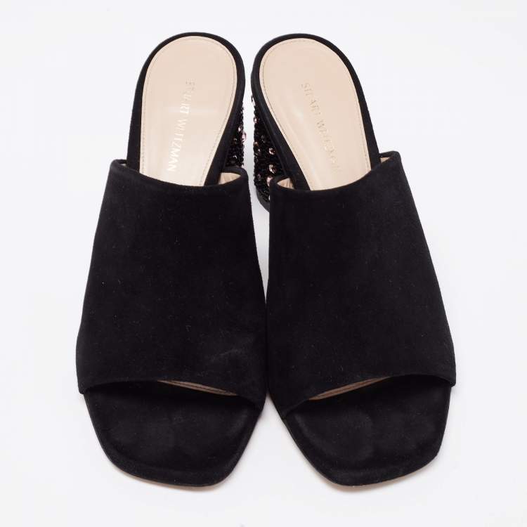 مملوكة مسبقًا Stuart Weitzman Black Suede Crystal Embellished Block Heel Mule Sandals Size 36