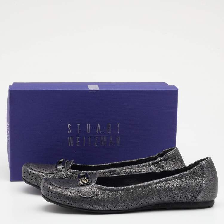 Pre Owned Stuart Weitzman Metallic Grey Perforated Leather Crystal Embellished Slip On Loafers Size 41