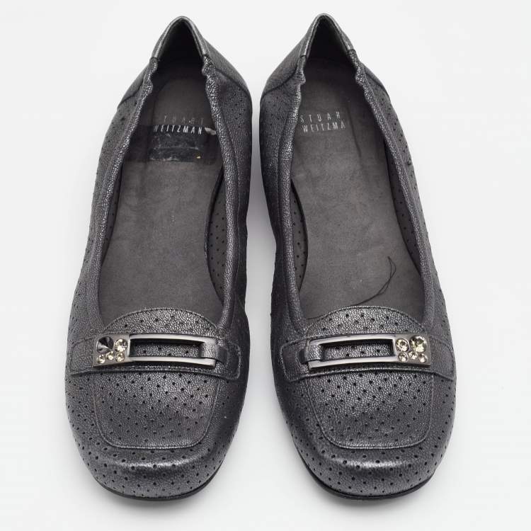 Pre Owned Stuart Weitzman Metallic Grey Perforated Leather Crystal Embellished Slip On Loafers Size 41
