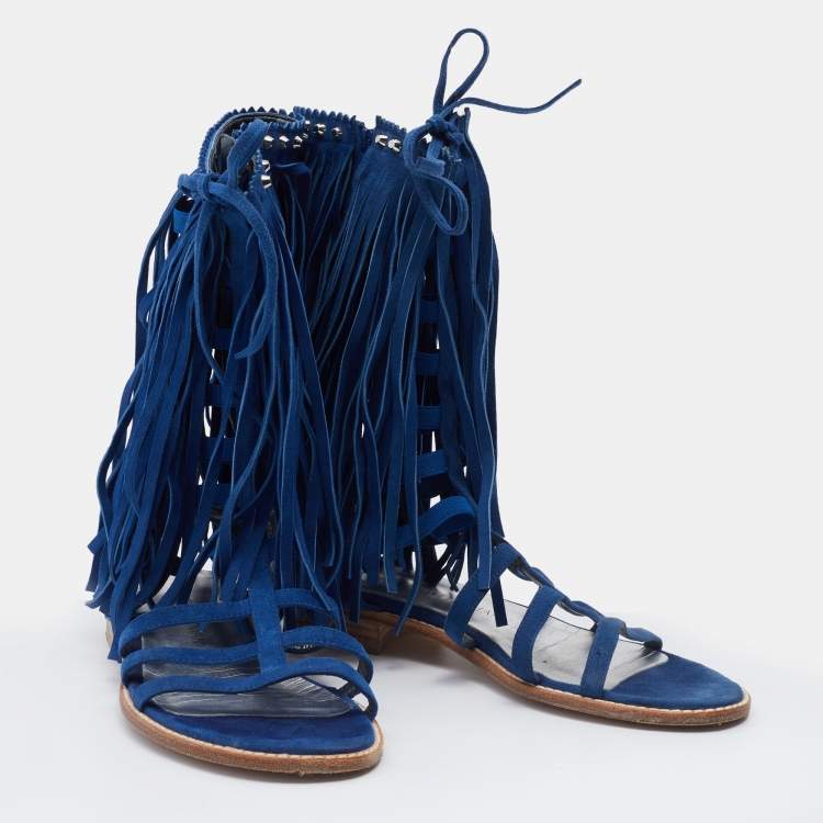 Pre Owned Stuart Weitzman Blue Suede Fringe Detail Gladiator Flat Sandals Size 36