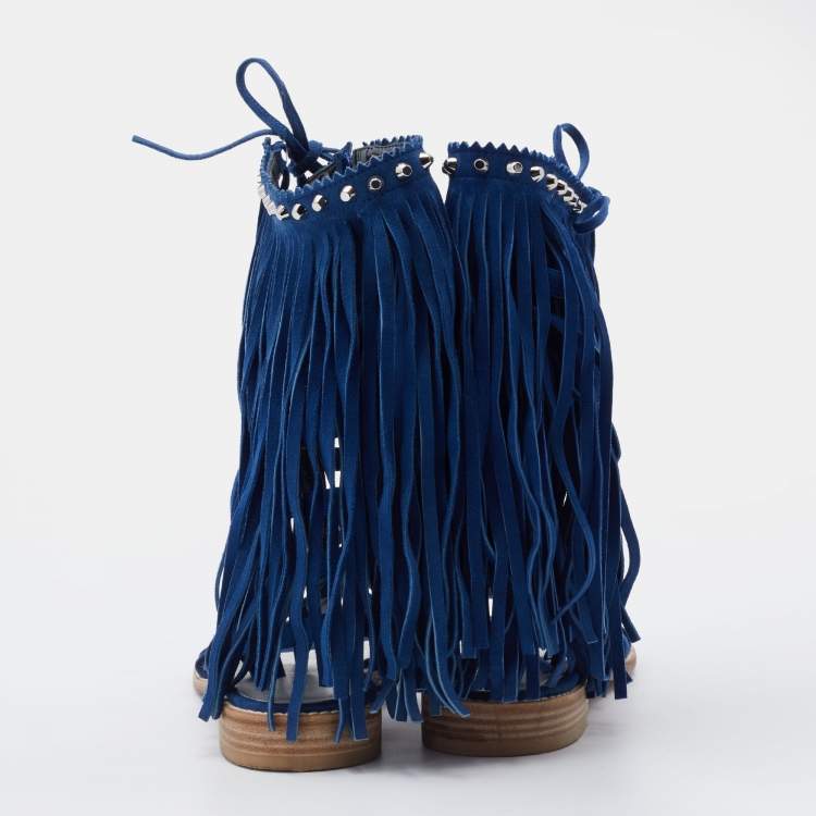 Pre Owned Stuart Weitzman Blue Suede Fringe Detail Gladiator Flat Sandals Size 36