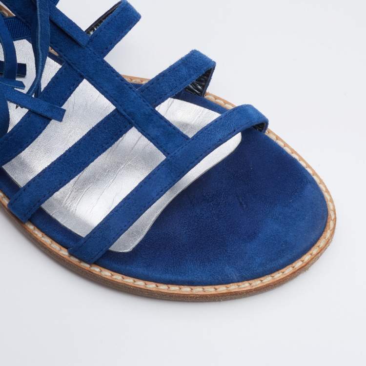 Pre Owned Stuart Weitzman Blue Suede Fringe Detail Gladiator Flat Sandals Size 36