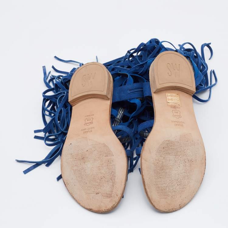 Pre Owned Stuart Weitzman Blue Suede Fringe Detail Gladiator Flat Sandals Size 36