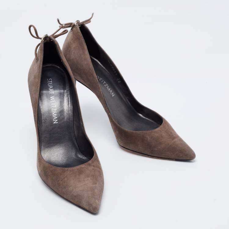 Pre Owned Stuart Weitzman Grey Suede Peekabow Pumps Size 38