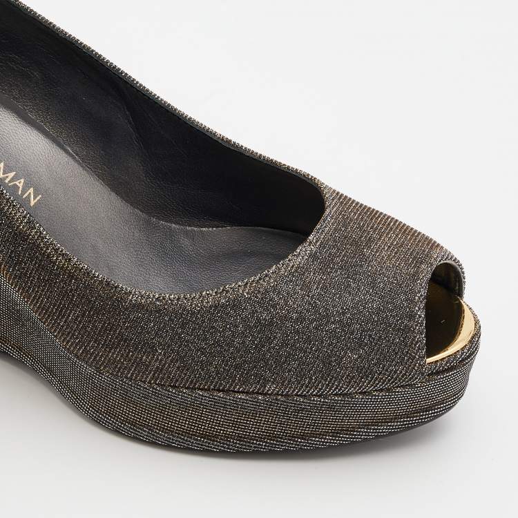 Pre Owned Stuart Weitzman Metallic Two Tone Lurex Fabric Anna Wedge Platform Pumps Size 38