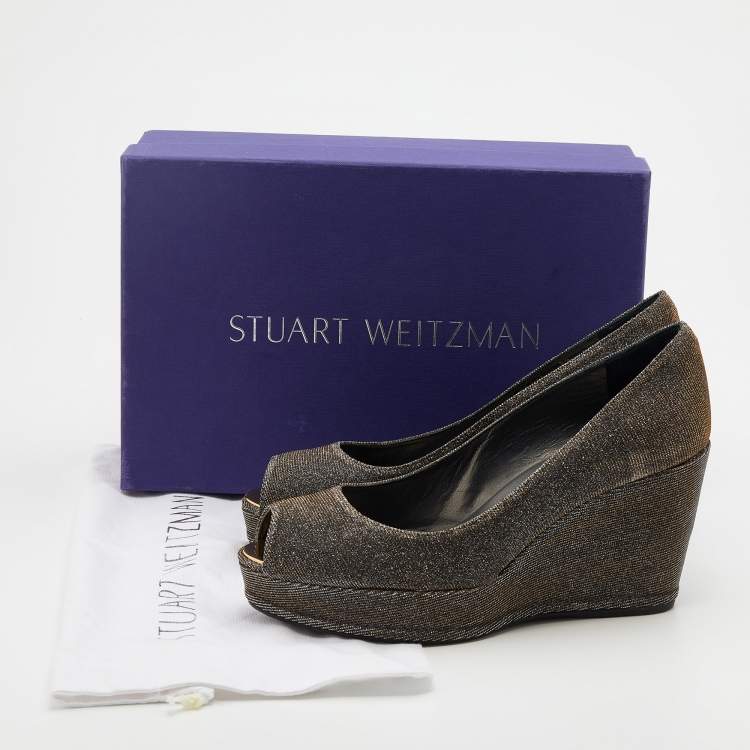 Pre Owned Stuart Weitzman Metallic Two Tone Lurex Fabric Anna Wedge Platform Pumps Size 38