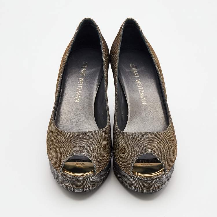 Pre Owned Stuart Weitzman Metallic Two Tone Lurex Fabric Anna Wedge Platform Pumps Size 38