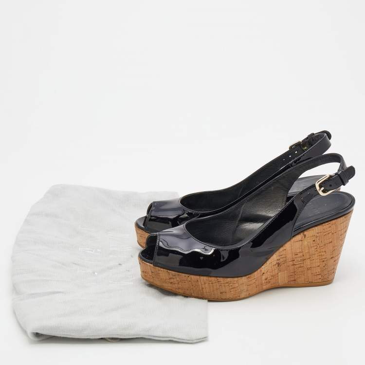 Pre Owned Stuart Weitzman Black Patent Leather Jean Peep Toe Cork Platform Wedge Slingback Sandals Size 36