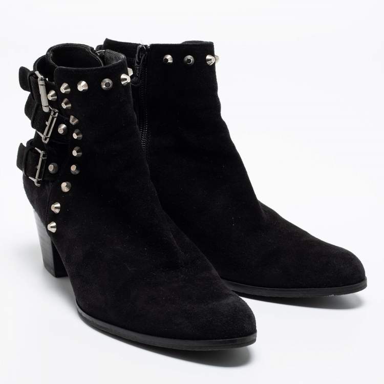 Pre Owned Stuart Weitzman Black Suede Studded Accents Ankle Boots Size 37.5
