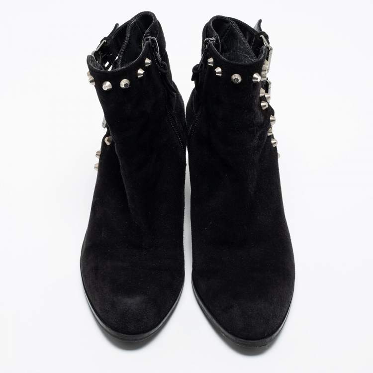 Pre Owned Stuart Weitzman Black Suede Studded Accents Ankle Boots Size 37.5