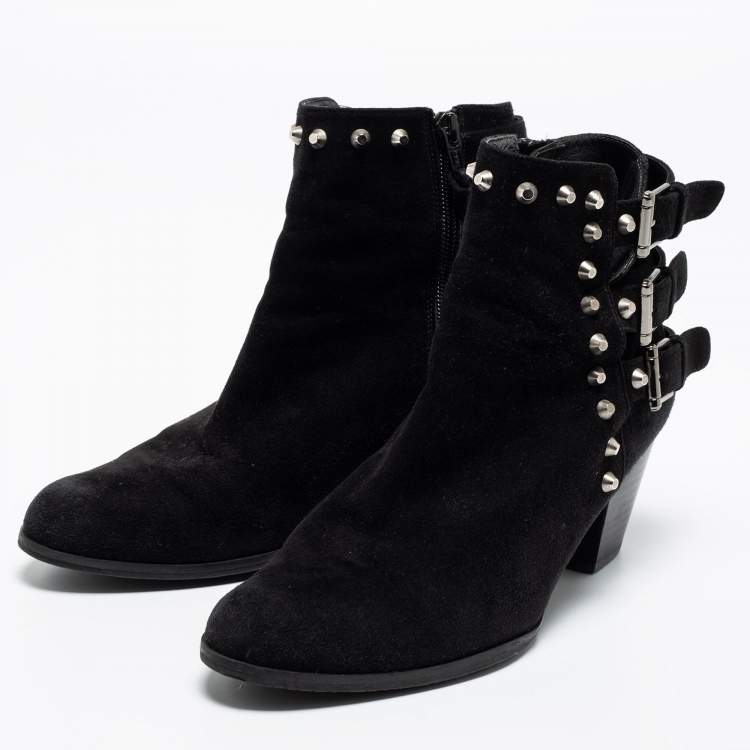 Pre Owned Stuart Weitzman Black Suede Studded Accents Ankle Boots Size 37.5