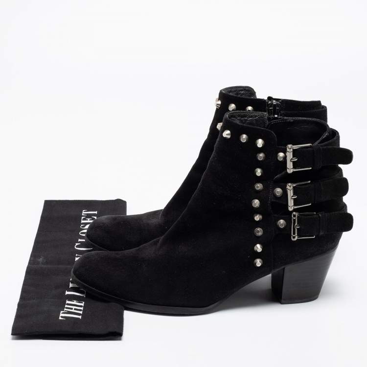 Pre Owned Stuart Weitzman Black Suede Studded Accents Ankle Boots Size 37.5