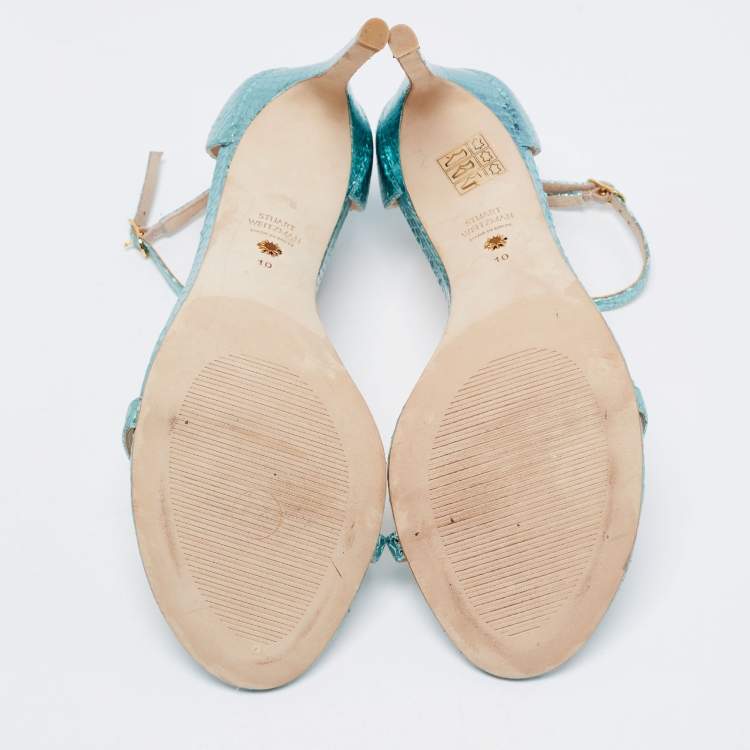 مملوكة مسبقًا Stuart Weitzman Metallic Green Python Embossed Leather Ankle Strap Open Toe Sandals Size 41 