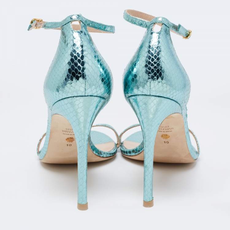مملوكة مسبقًا Stuart Weitzman Metallic Green Python Embossed Leather Ankle Strap Open Toe Sandals Size 41 