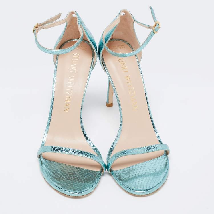 مملوكة مسبقًا Stuart Weitzman Metallic Green Python Embossed Leather Ankle Strap Open Toe Sandals Size 41 