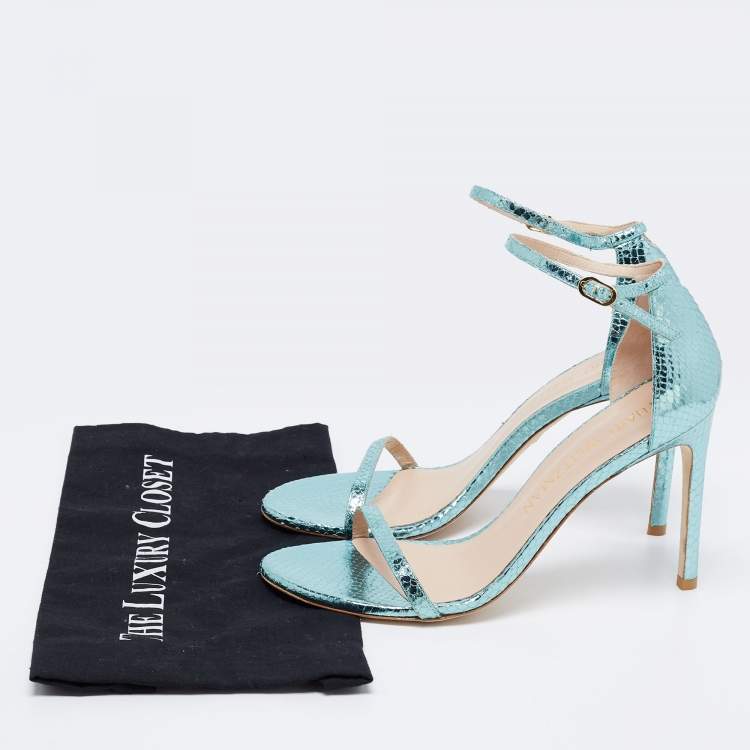 مملوكة مسبقًا Stuart Weitzman Metallic Green Python Embossed Leather Ankle Strap Open Toe Sandals Size 41 