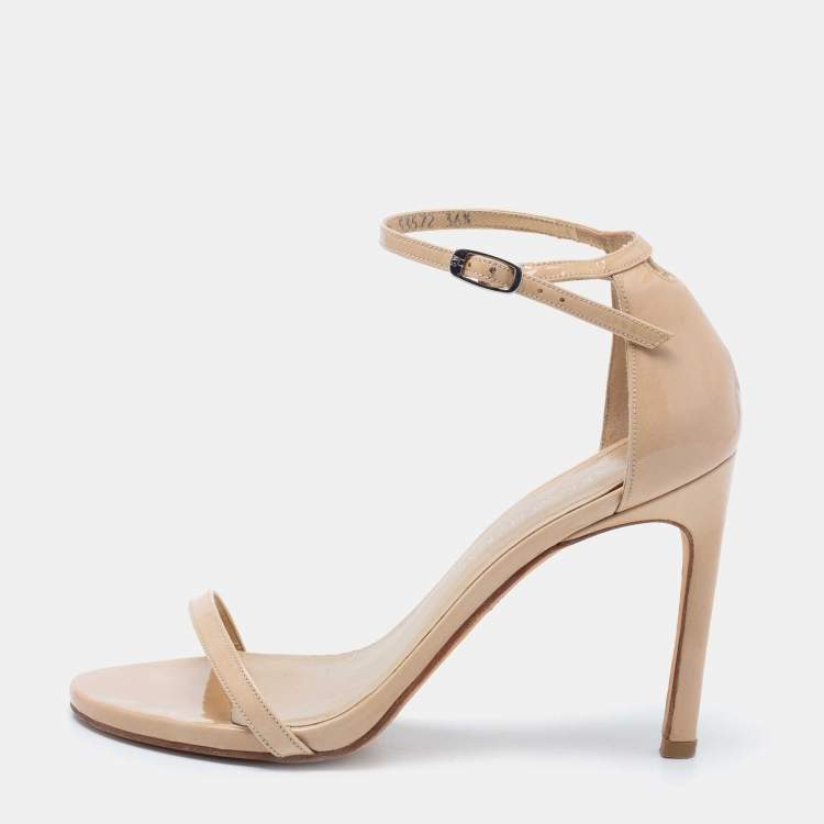 Pre Owned Stuart Weitzman Beige Patent Leather Nudistsong Ankle-Strap Sandals Size 36.5 