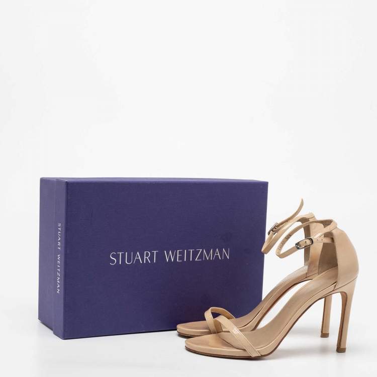 Pre Owned Stuart Weitzman Beige Patent Leather Nudistsong Ankle-Strap Sandals Size 36.5 