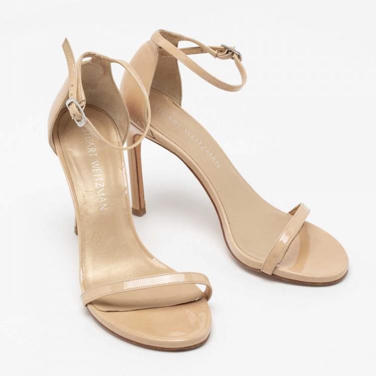 Pre Owned Stuart Weitzman Beige Patent Leather Nudistsong Ankle-Strap Sandals Size 36.5 