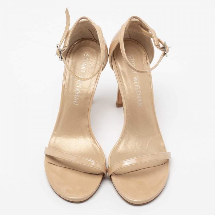 Pre Owned Stuart Weitzman Beige Patent Leather Nudistsong Ankle-Strap Sandals Size 36.5 