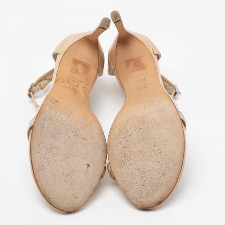 Pre Owned Stuart Weitzman Beige Patent Leather Nudistsong Ankle-Strap Sandals Size 36.5 