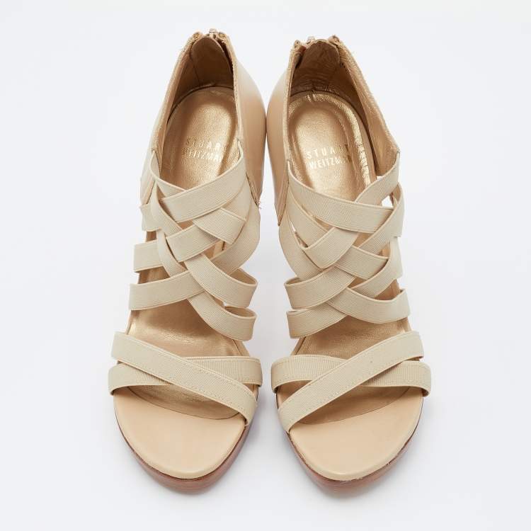 Pre Owned Stuart Weitzman Cream Leather and Elastic Fabric Cross Strap Sandals Size 38.5