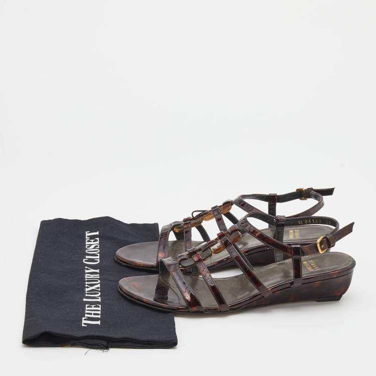 Pre Owned Stuart Weitzman Tortoise Shell Patent Leather Strappy Ankle Strap Sandals Size 39