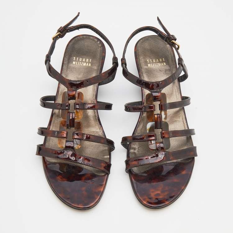 Pre Owned Stuart Weitzman Tortoise Shell Patent Leather Strappy Ankle Strap Sandals Size 39