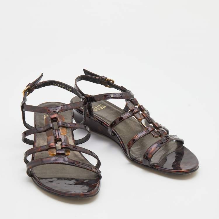 Pre Owned Stuart Weitzman Tortoise Shell Patent Leather Strappy Ankle Strap Sandals Size 39