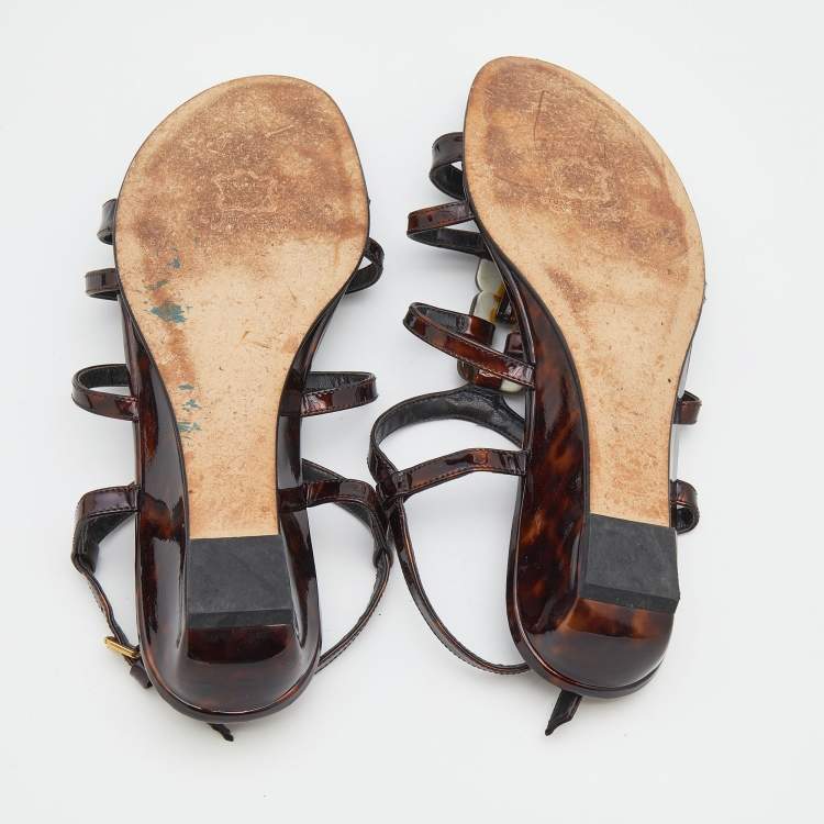 Pre Owned Stuart Weitzman Tortoise Shell Patent Leather Strappy Ankle Strap Sandals Size 39